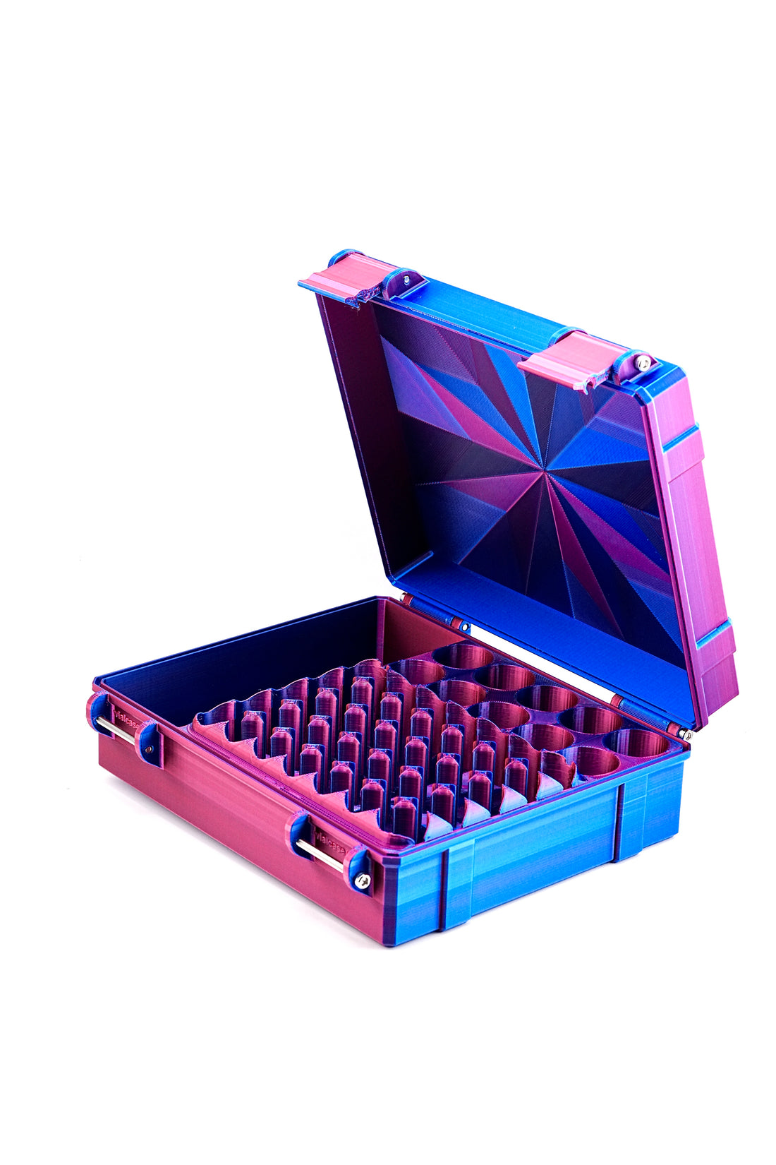 Blue and purple metallic case with open lid on a white background