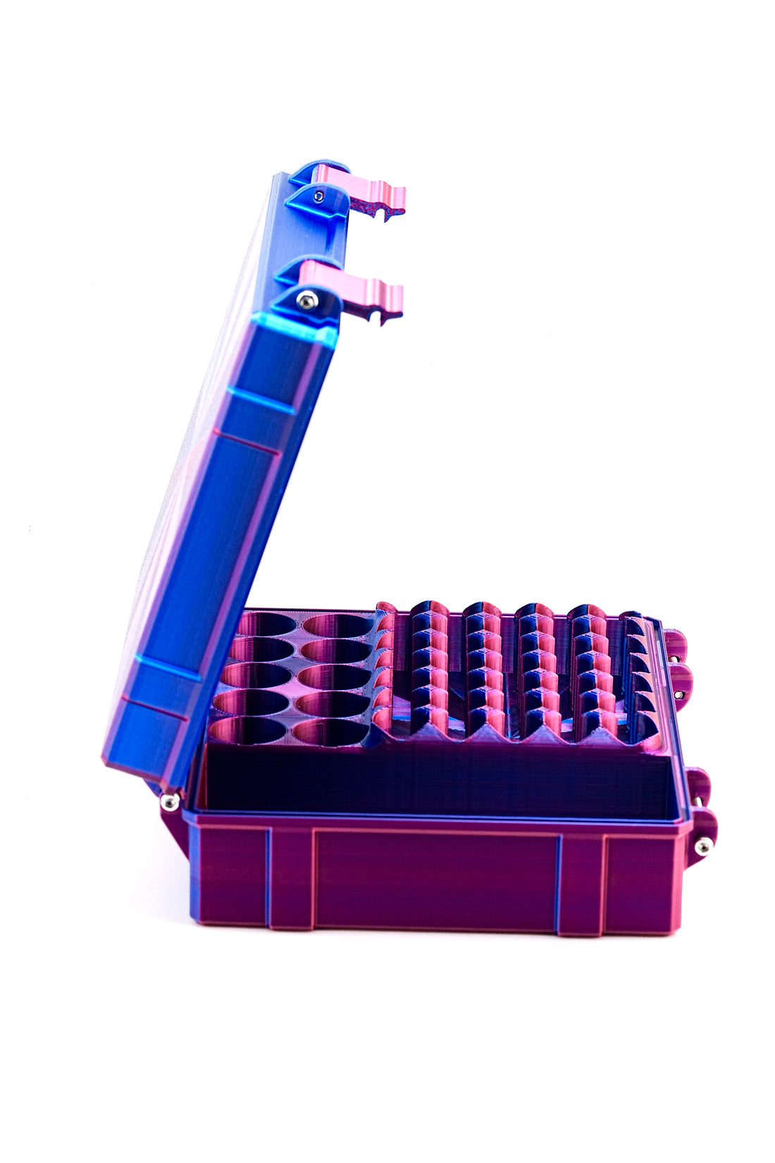 Blue and purple vial case on a white background