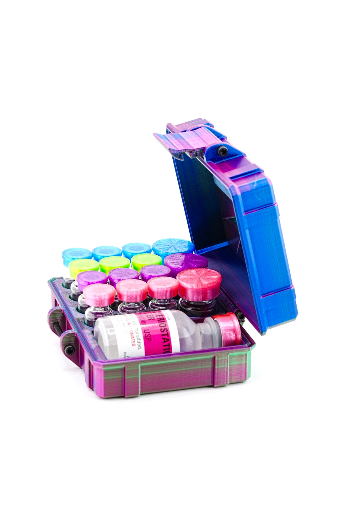 Colorful vial case set in a carrying case on a white background