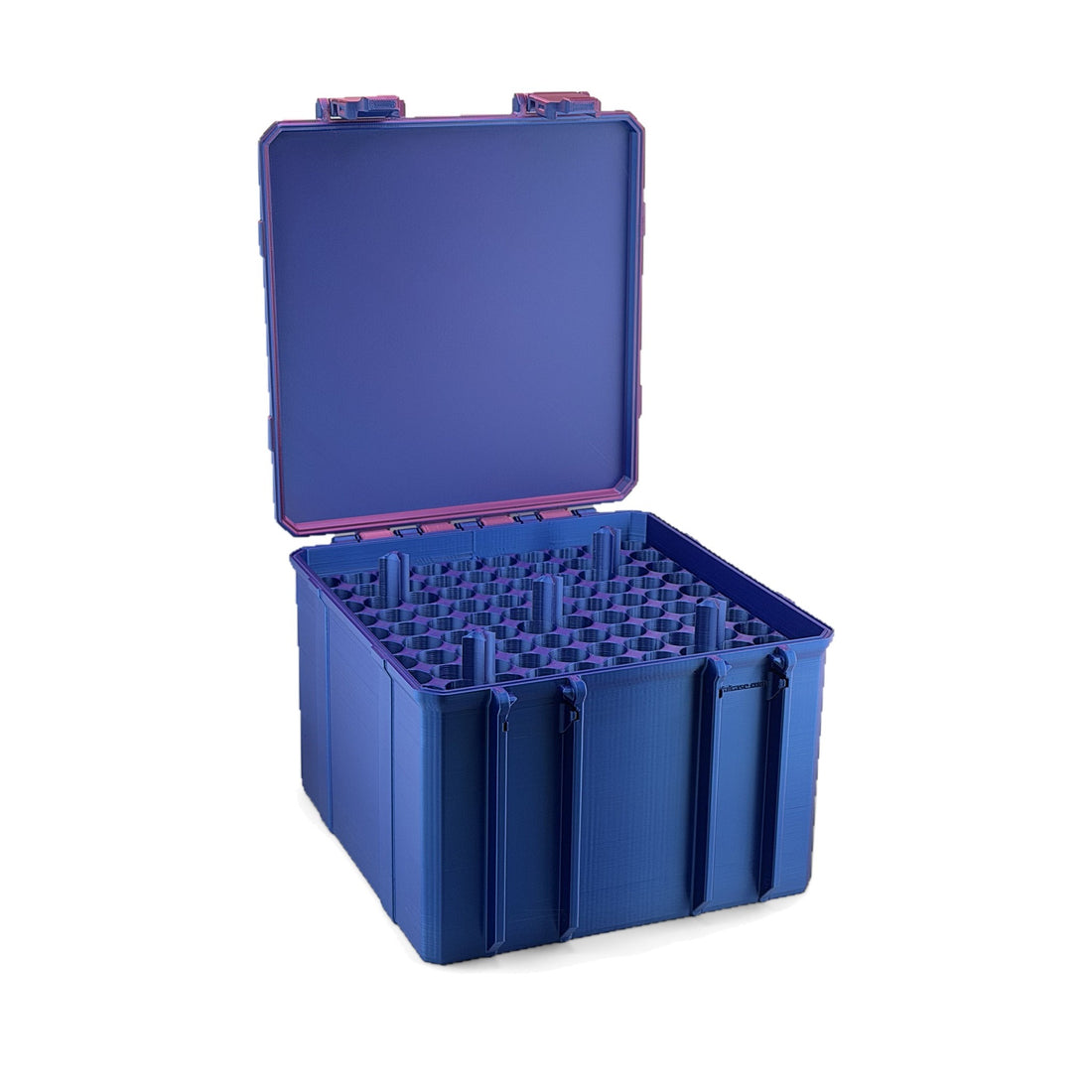 300-slot 3 mL vial case in RGB Metallic blue with a pink rim, lid open, showing the built-in 100-slot layer and stacking posts
