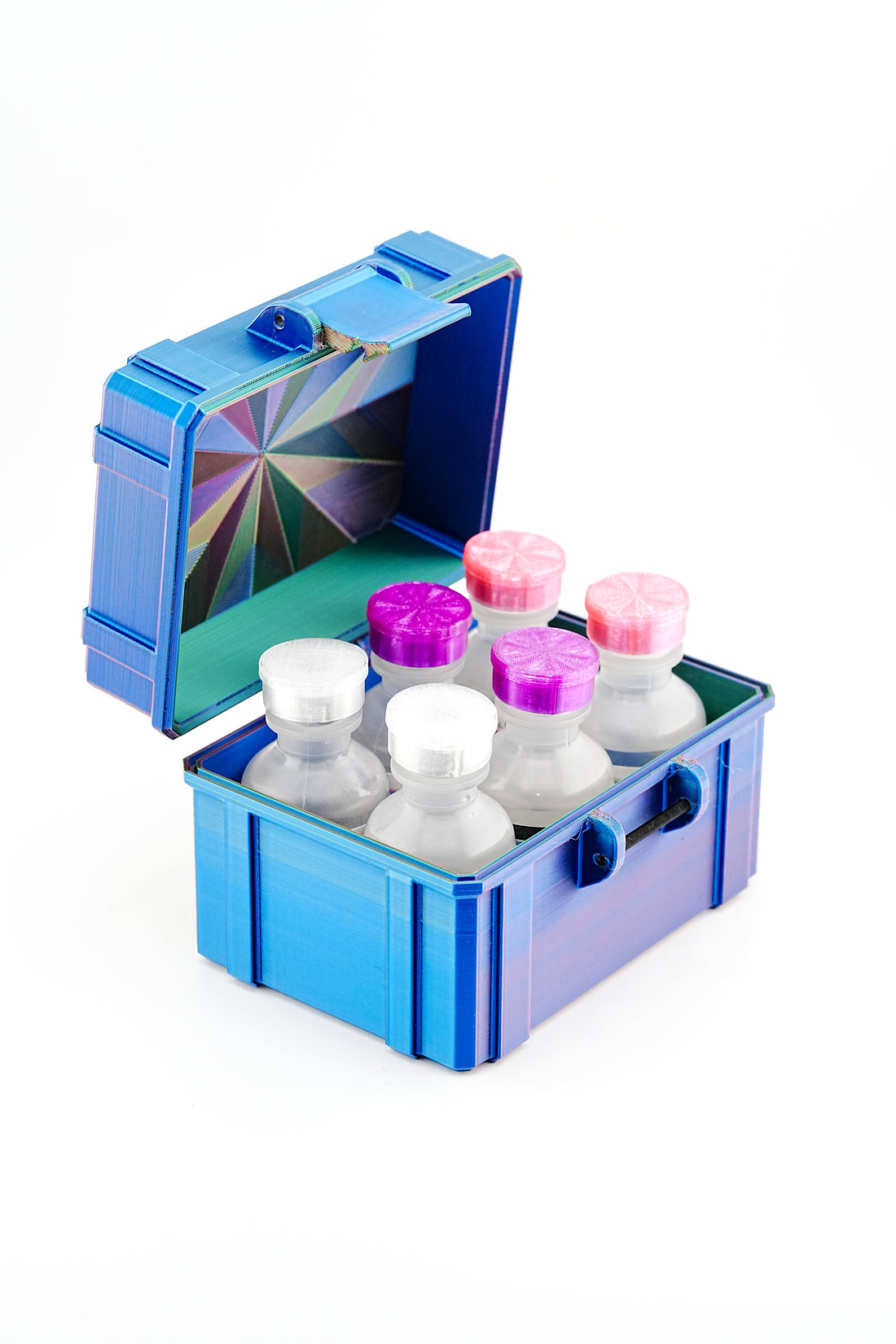 Blue vial casewith colorful bottles on a white background