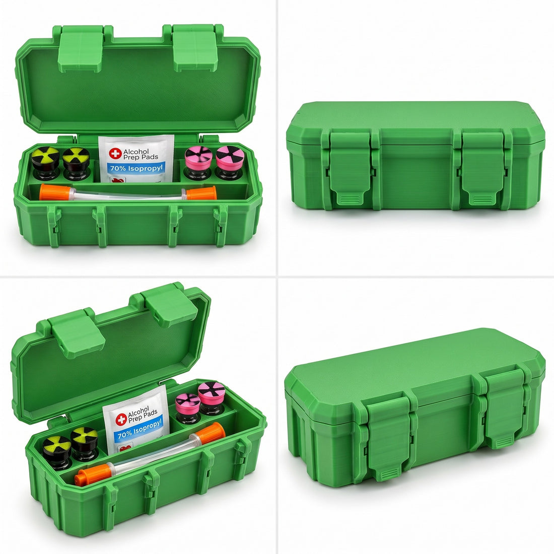 4-Slot 3 ml or 10 ml Vial Case with Extra Storage for Syringes, Alcohol pads, - Cyber Green
