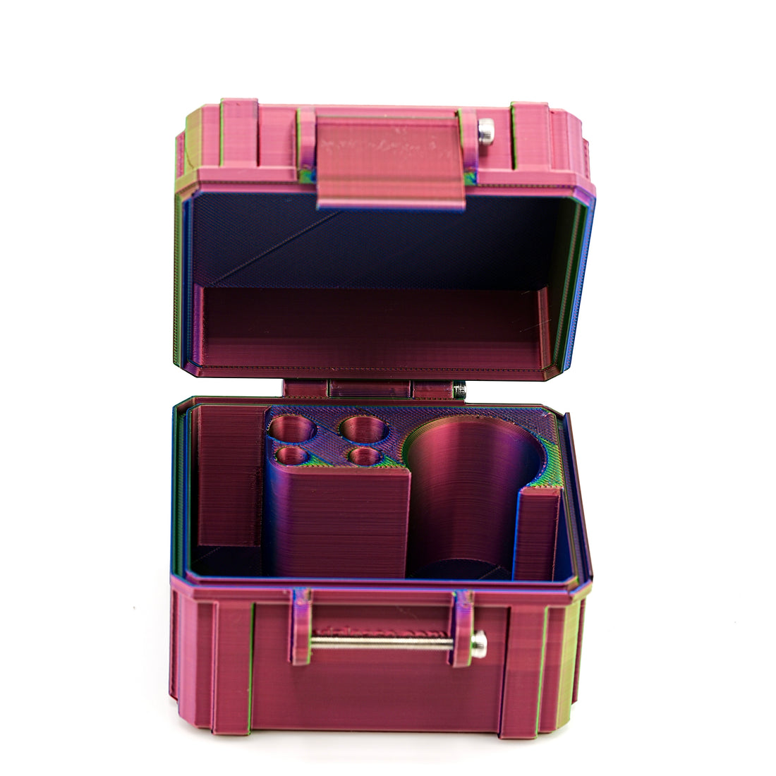 Multicolored metallic case with open lid on a white background