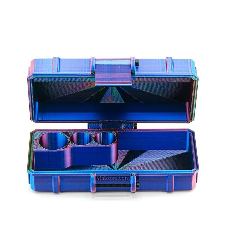 Blue and purple vial case with compartments on a white background