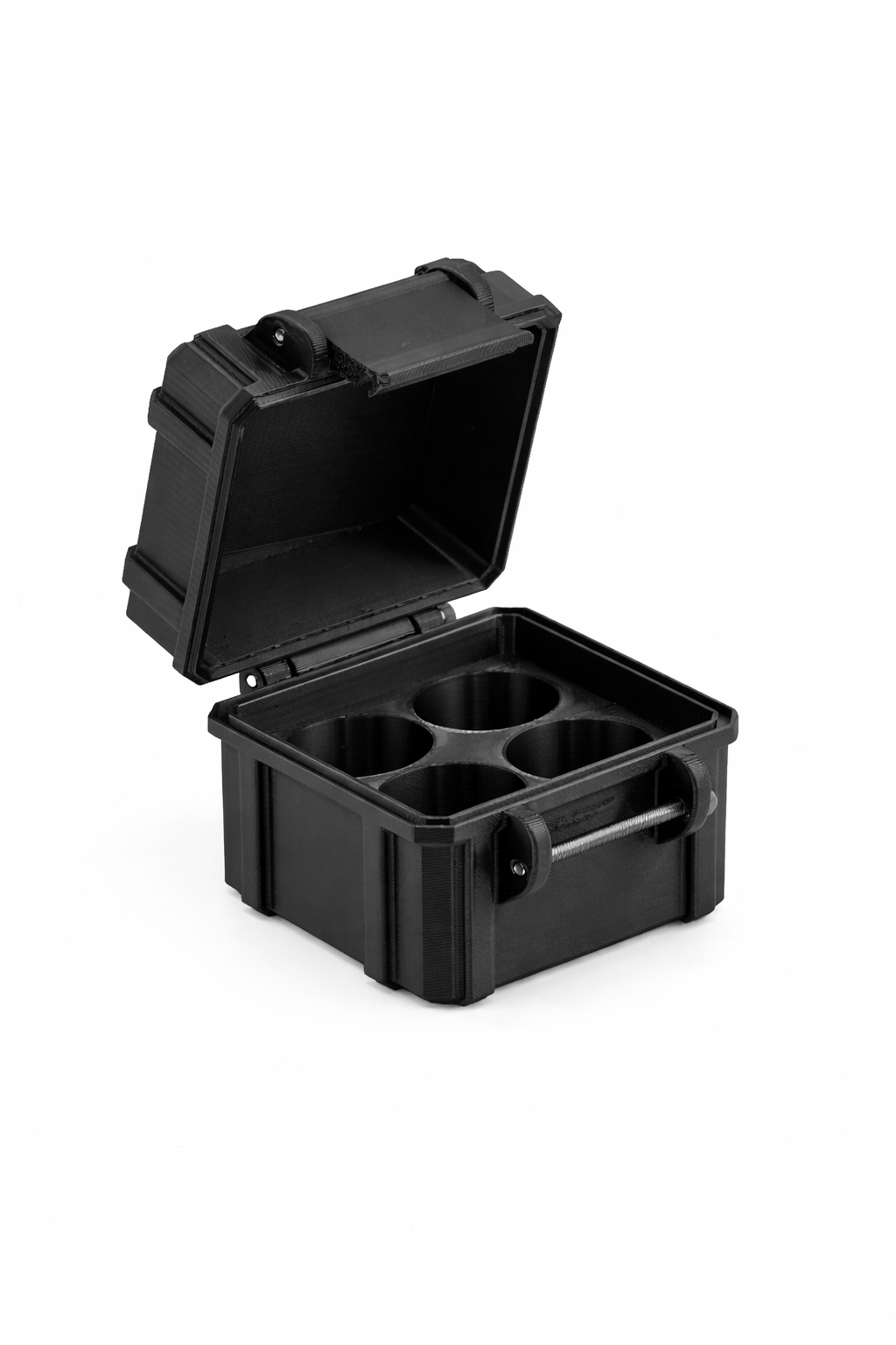 Black hard-shell travel case with open lid on a white background
