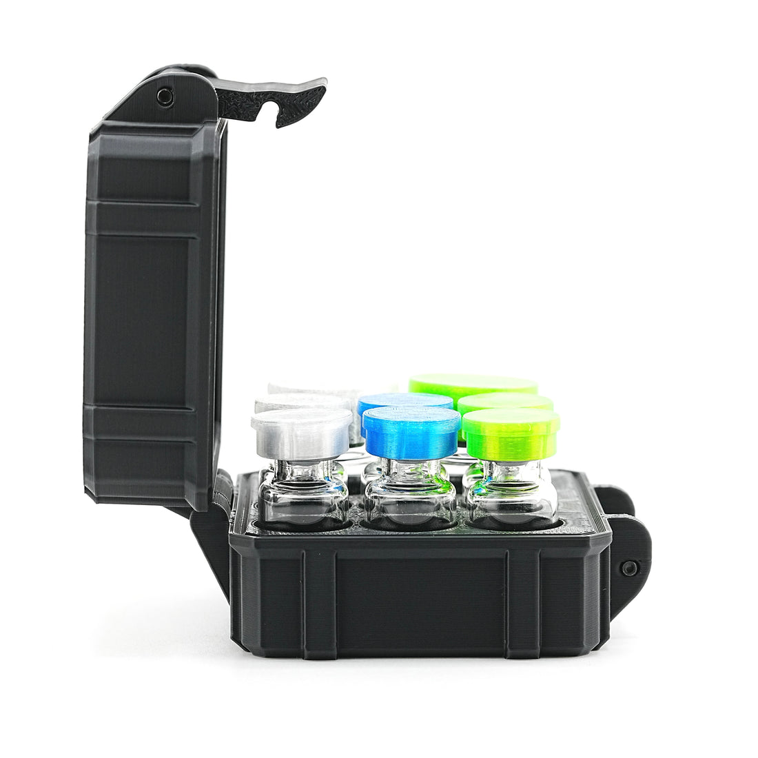 Black vial case box with four transparent bottles containing colorful lures on a white background