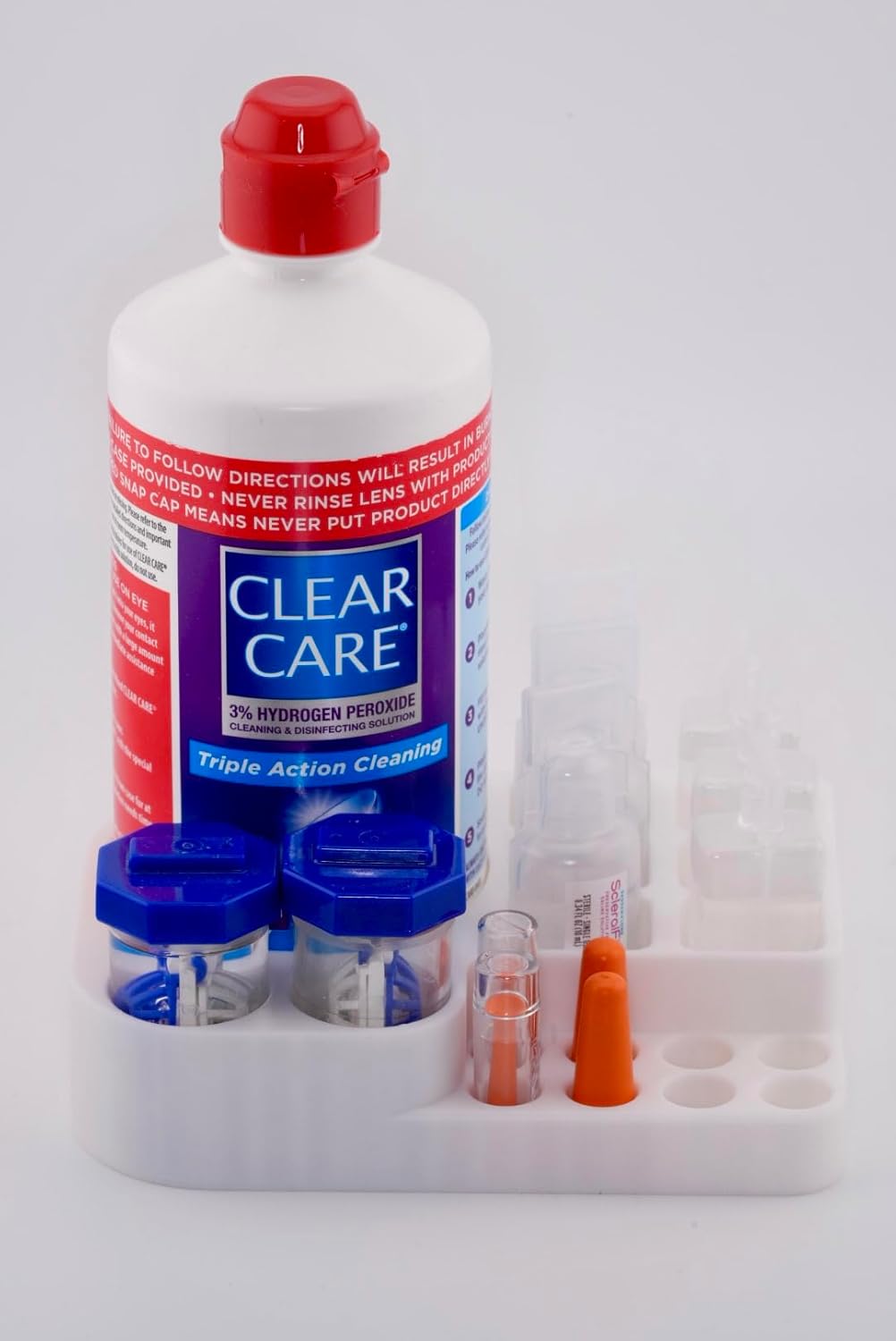 Scleral Lens Station vial organizer, in-use scene with vials loaded into slots