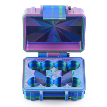 Multicolored geometric-patterned vial case with open lid on a white background