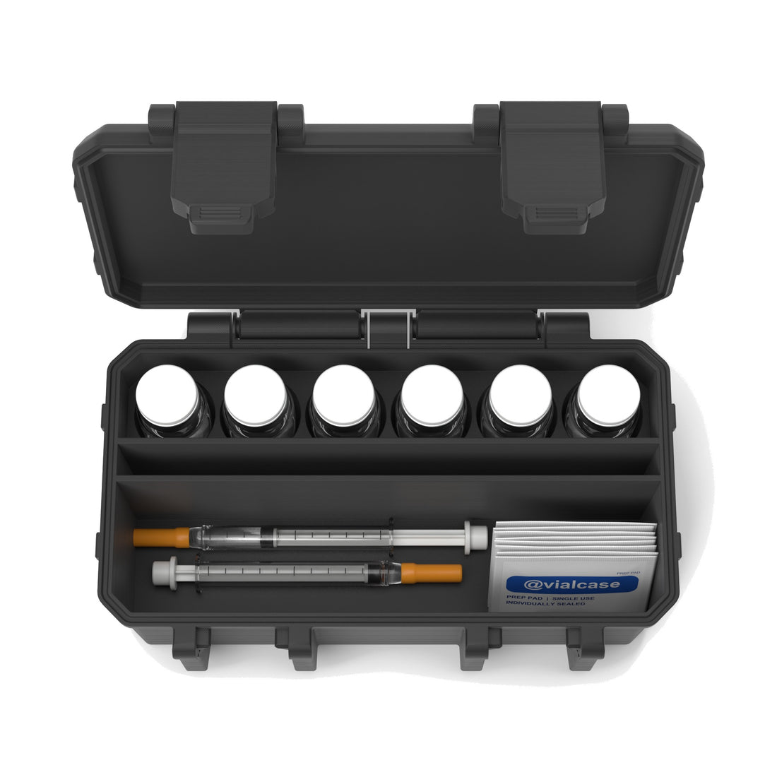 Staged: 6 x 10 mL + storage vial case in Black with vials, syringes and prep pads (contents not included)