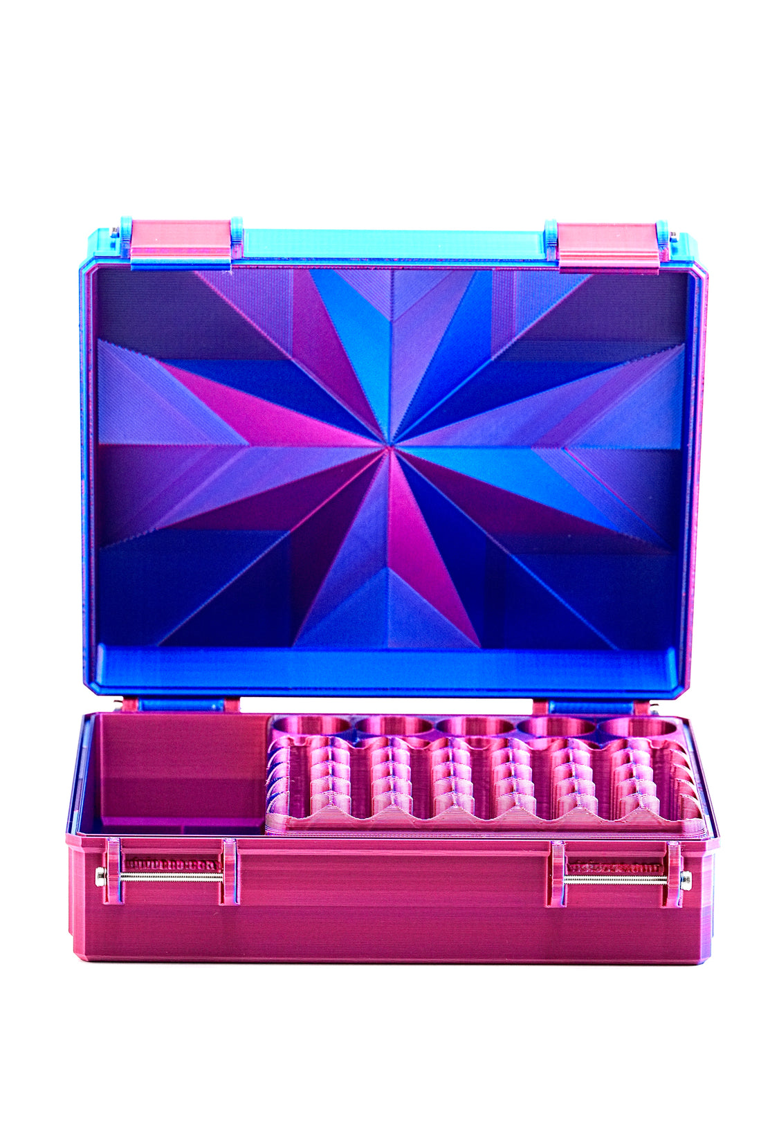 Pink and blue geometric patterned case with compartments on a white background