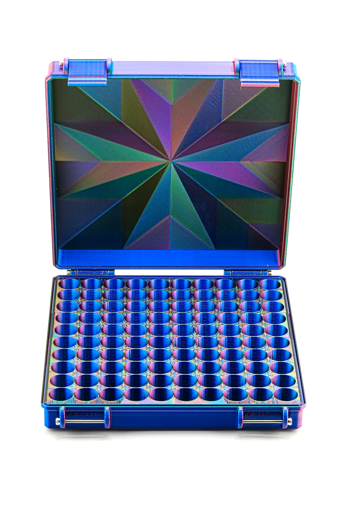 Colorful geometric patterned case with blue accents on a white background