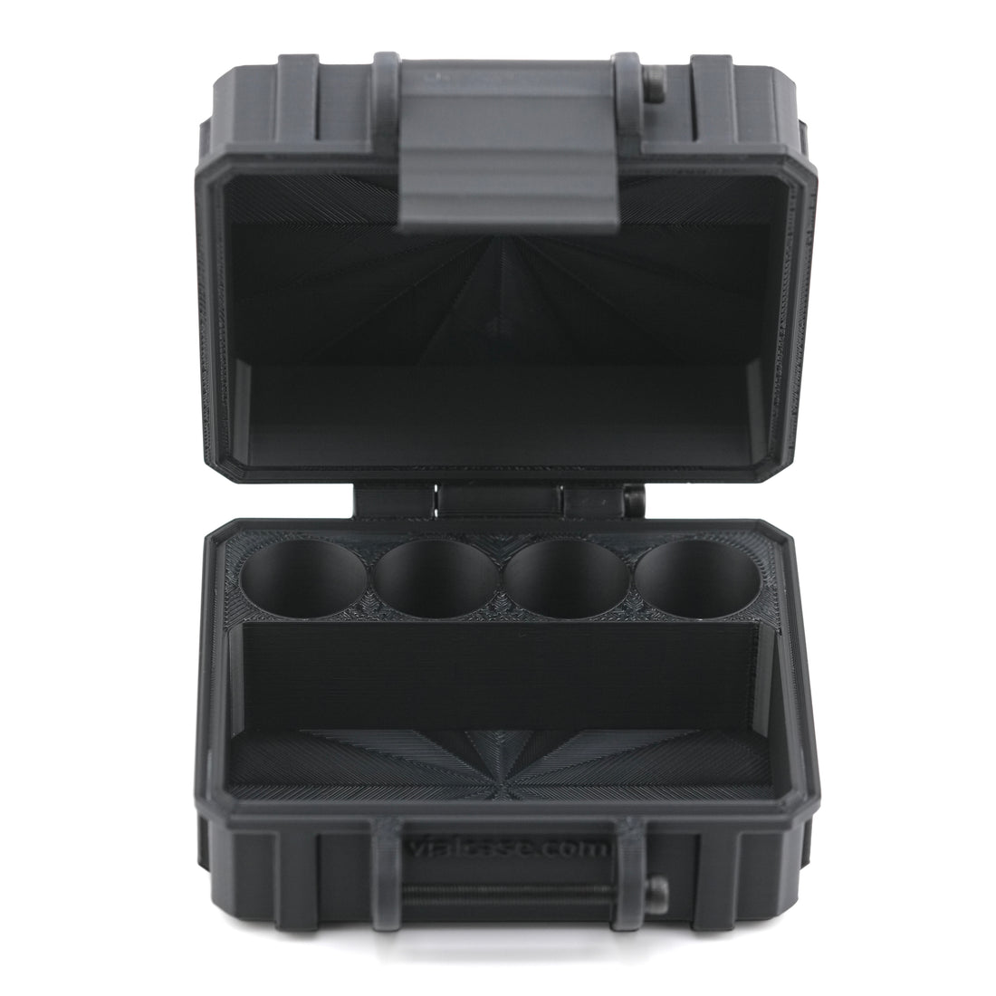 Black plastic tool case with compartments on a white background