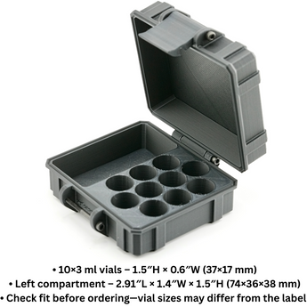 Gray case with 10 compartments for 3 ml vials on a white background
