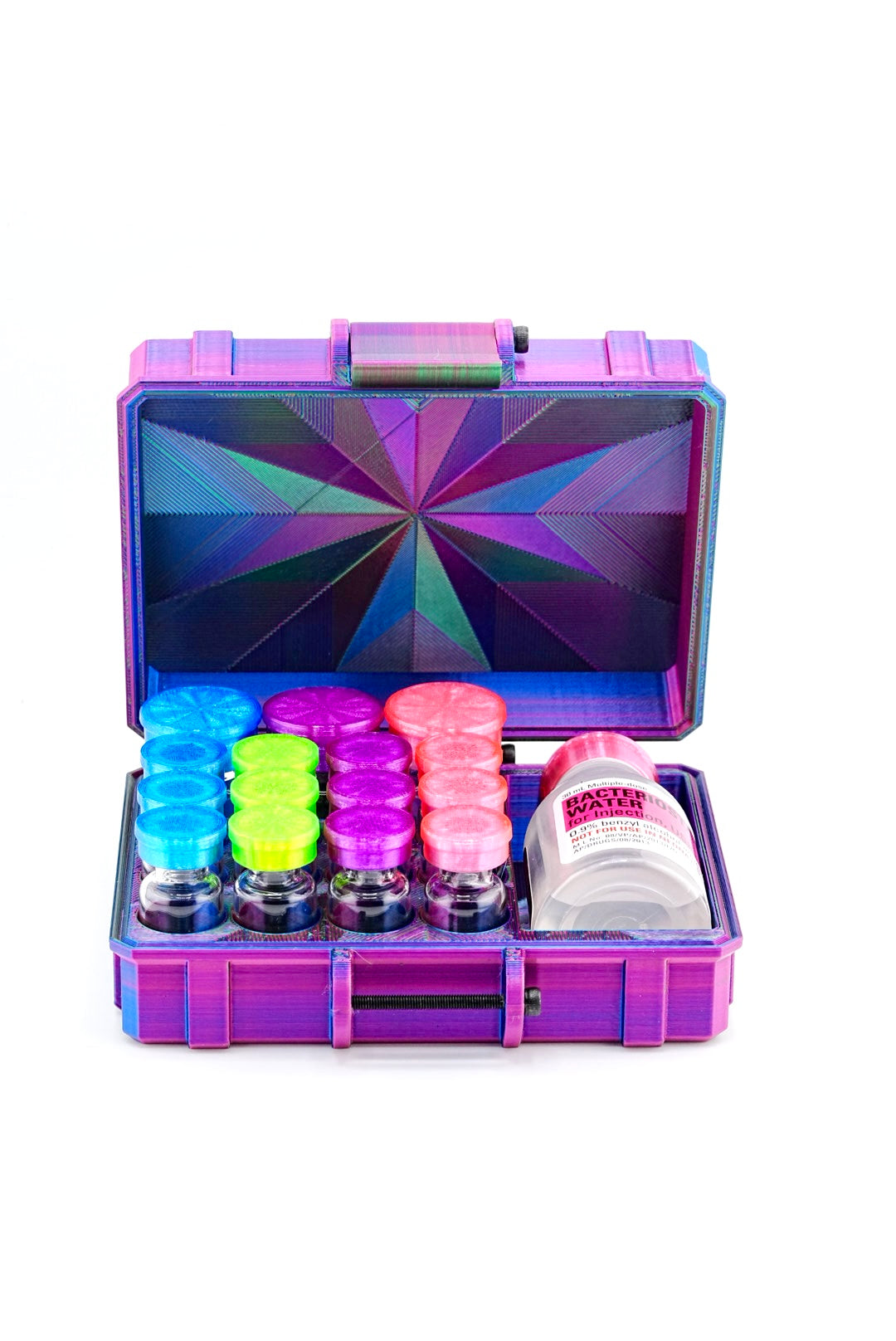 Colorful vial box with various fishing accessories on a white background