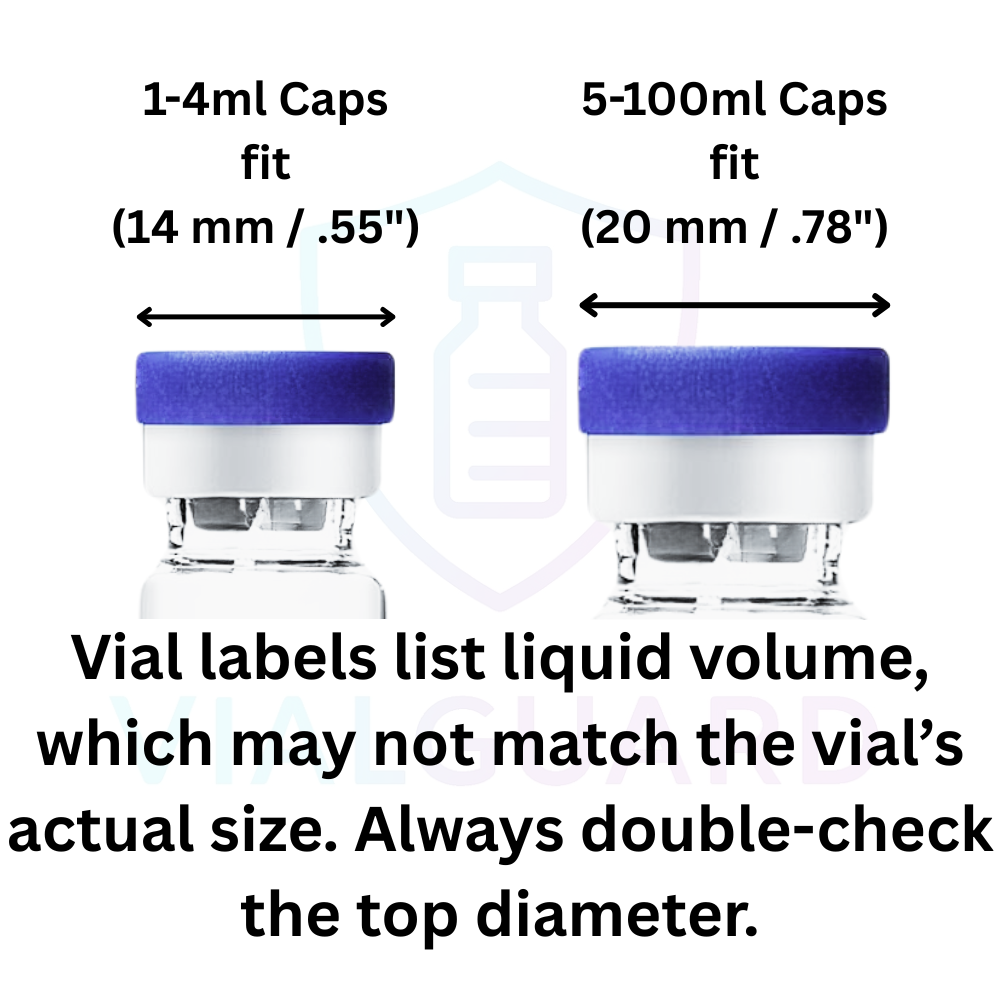 Two vial caps with measurements and text about vial label accuracy.