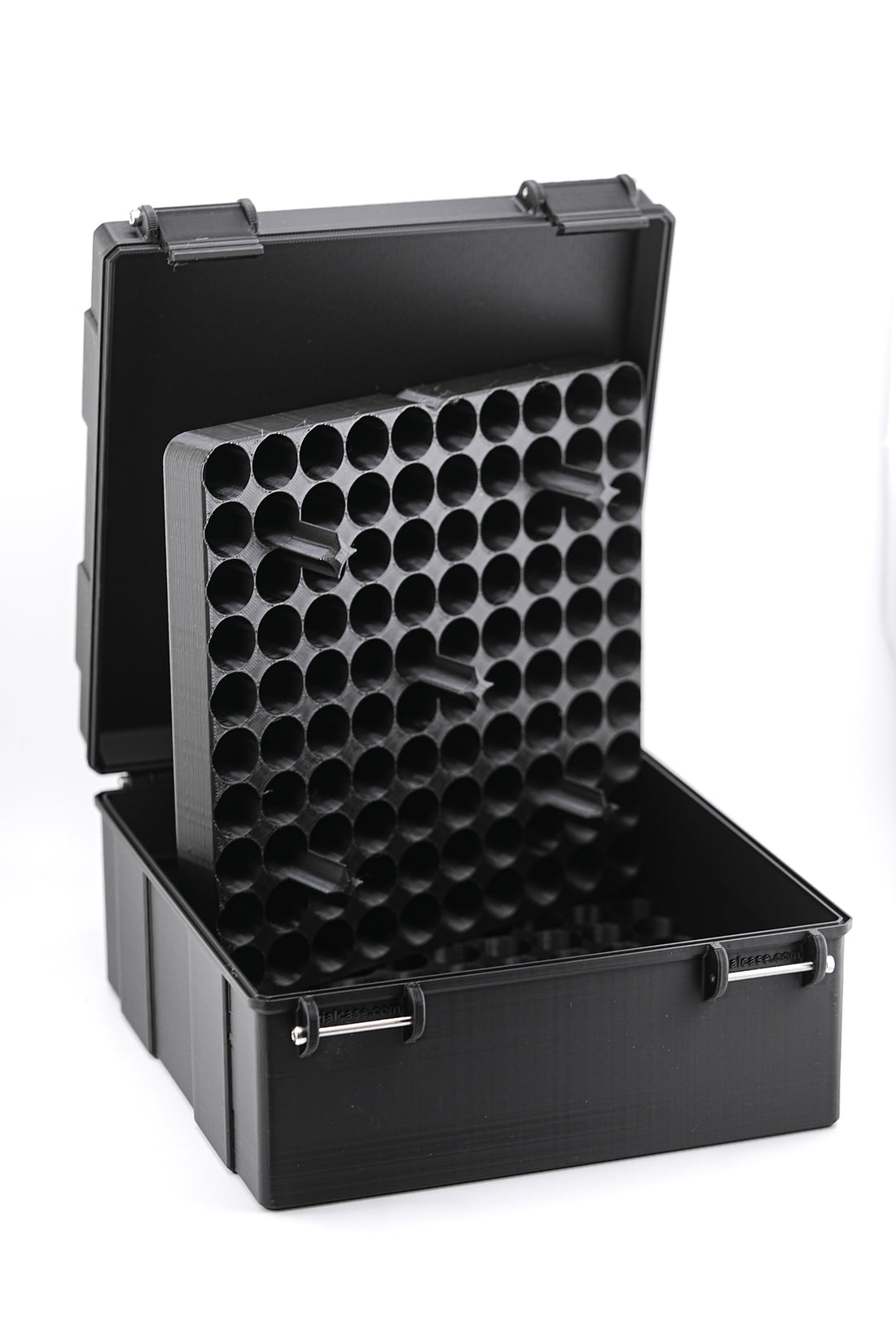 Black vial storage case with a lid open on a white background