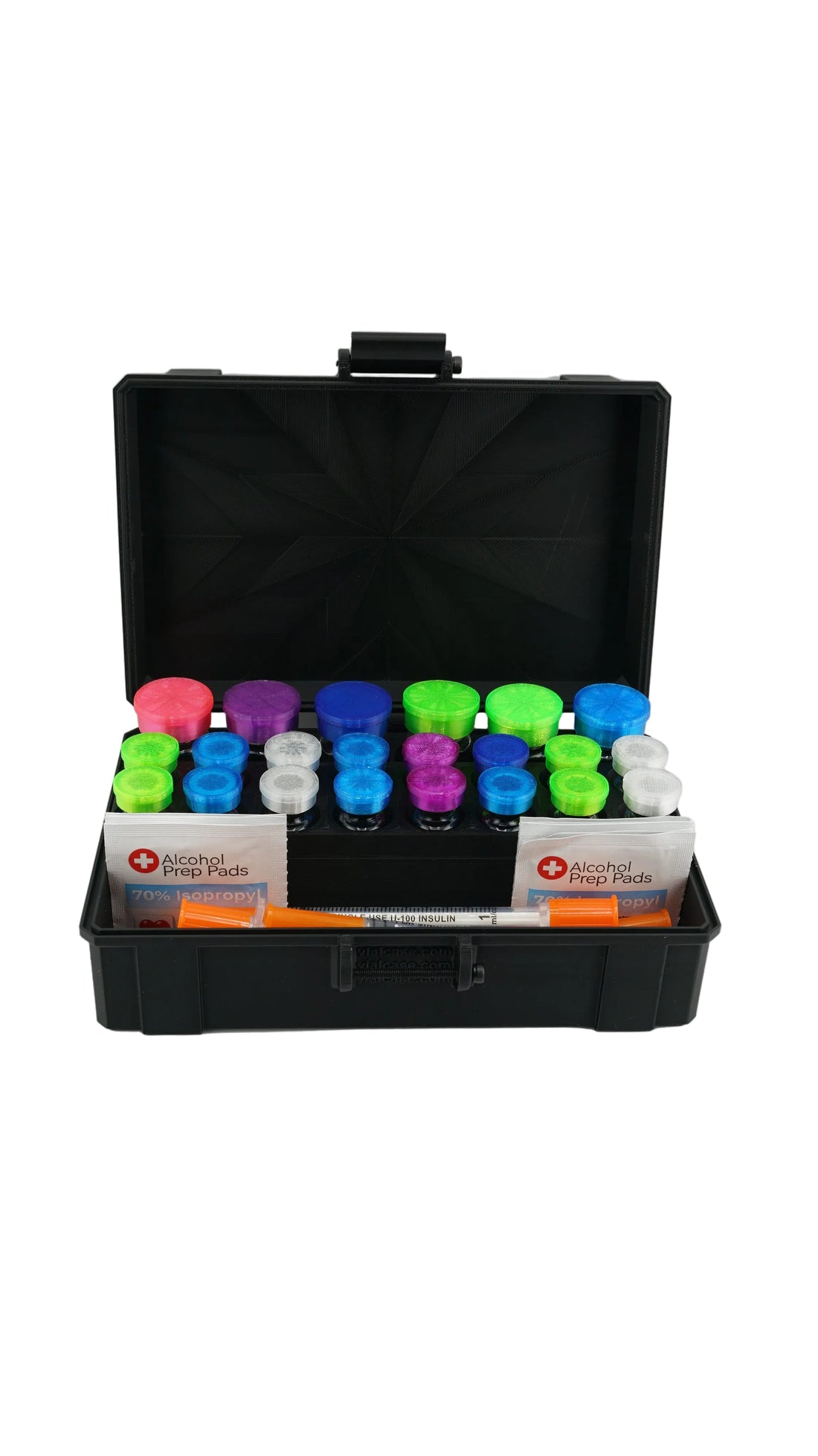 Pro Mini Vial Vault with bottles loaded — 24 total upright storage slots