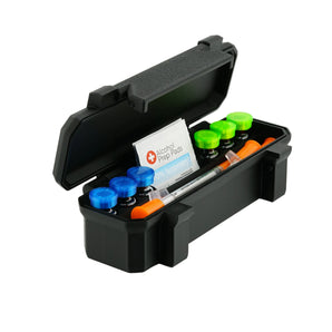 6-slot 3 mL vial case open showing precision-cut upright slots and accessory compartment