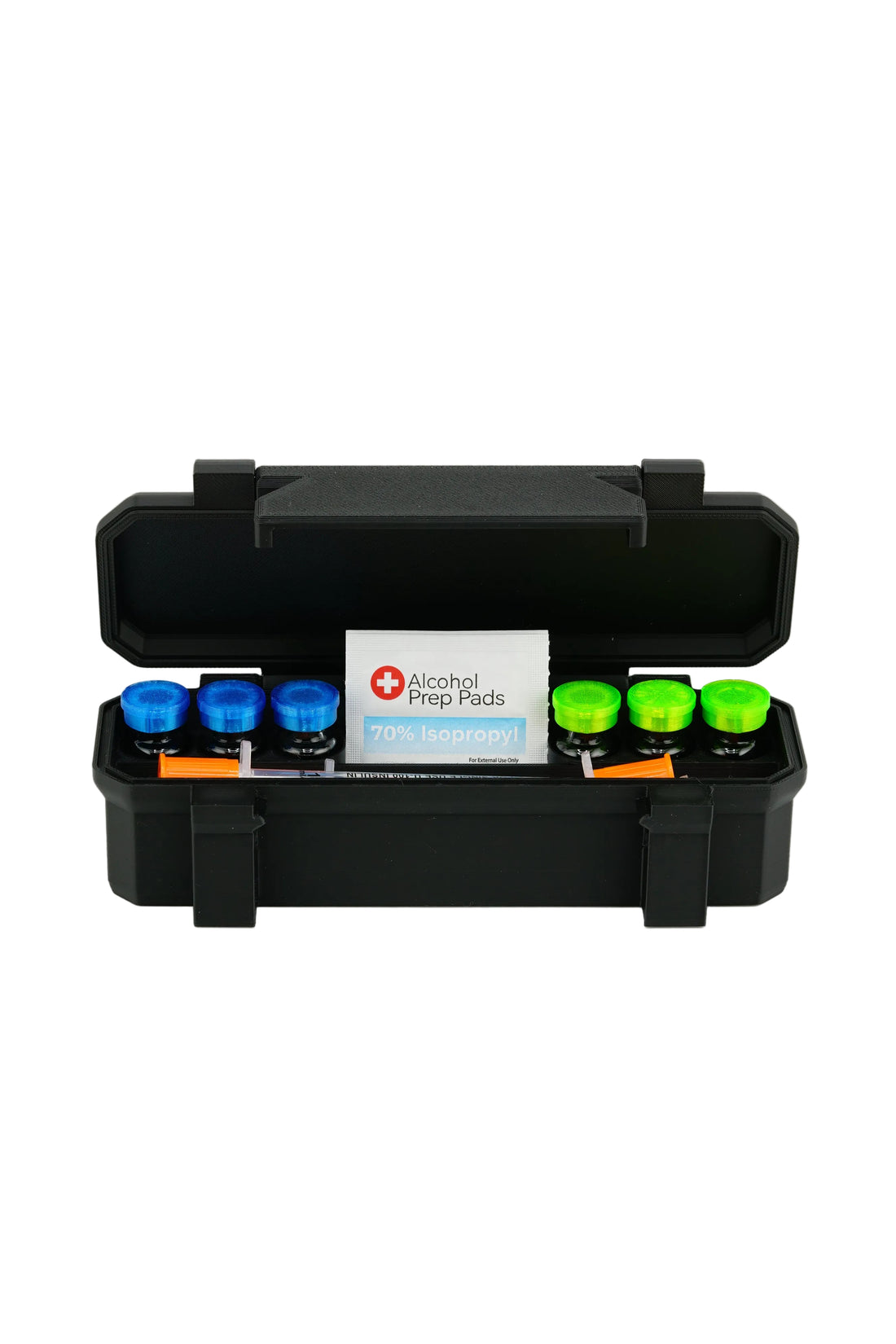 6-slot 3 mL vial case with storage compartment — hard-shell organizer front view
