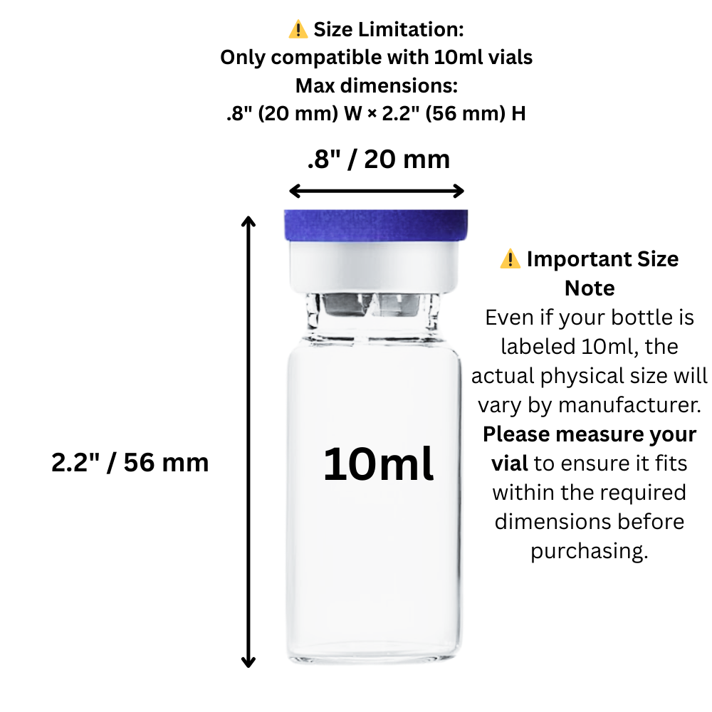 10ml vial with dimensions and compatibility information on a white background