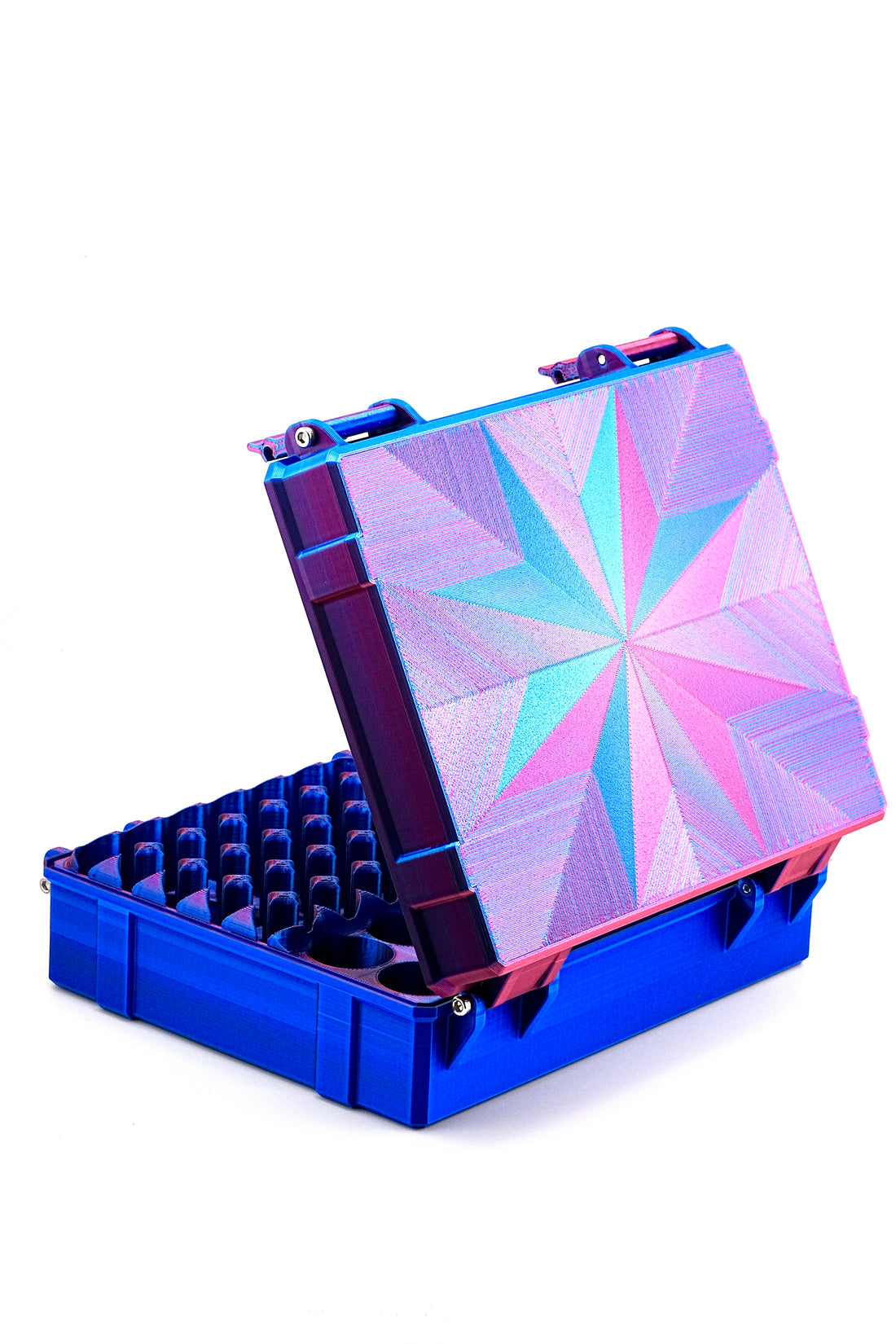 Blue and iridescent compact case on a white background
