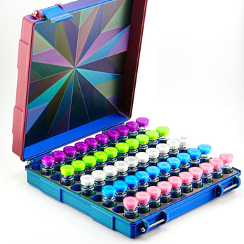 Set of colorful bottles in a blue and pink case with a geometric design on a white background