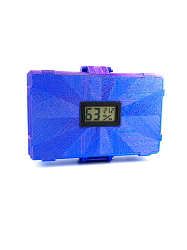 Blue digital thermometer with a clear lid on a white background
