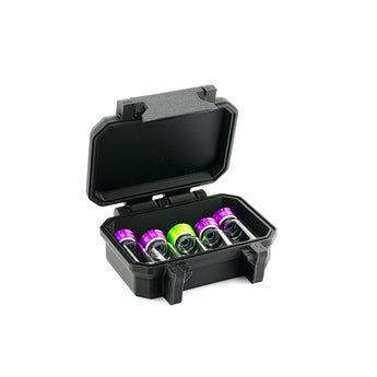 Black open case with colorful bottles inside on a white background
