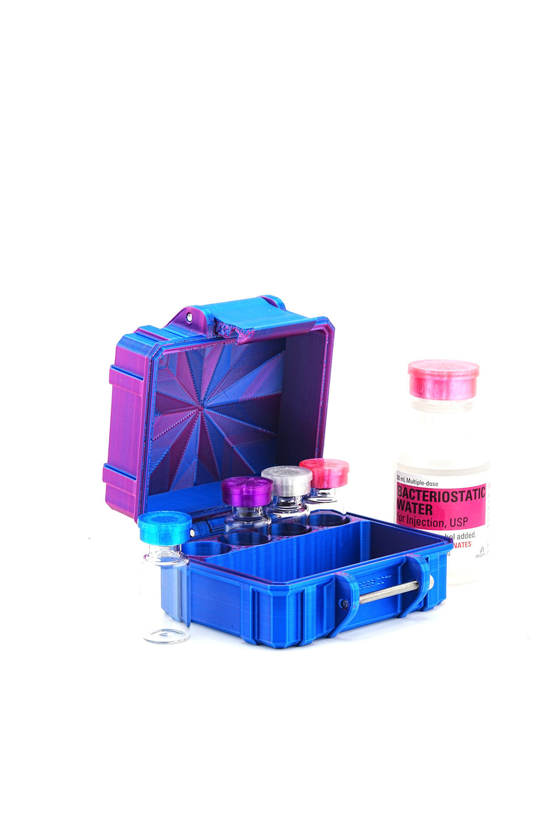 Blue and purple sample container with vials on a white background