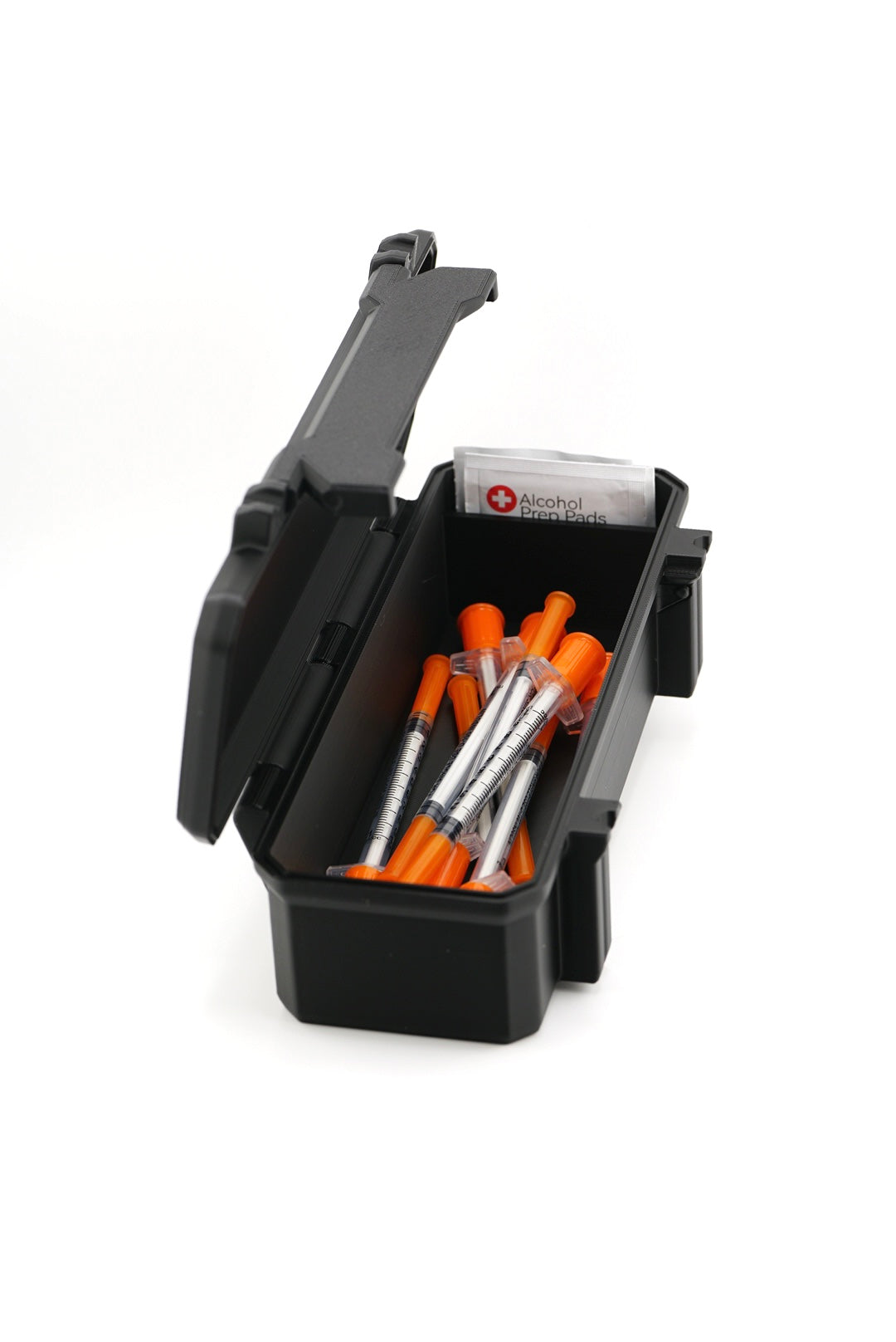 Preloaded syringe storage box keeping peptide injection syringes secure for travel