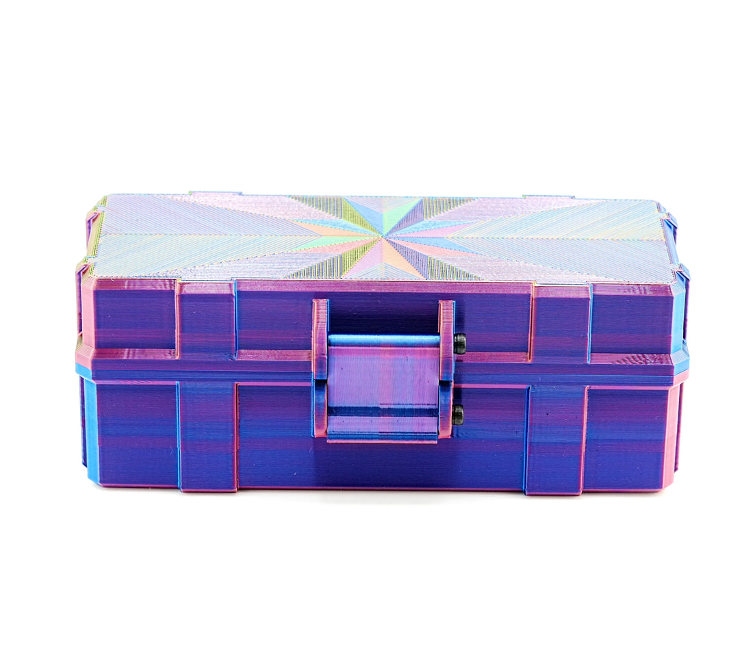 Iridescent vial box with a geometric pattern on a white background