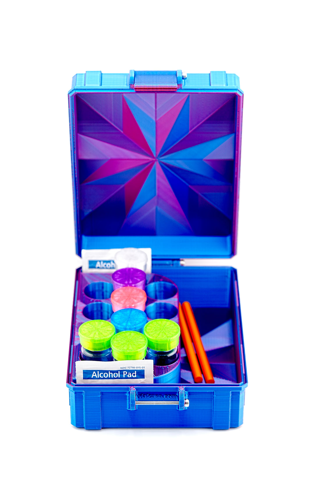 Open RGB metallic hard-shell vial storage case holding 13 ten-milliliter vials and accessories
