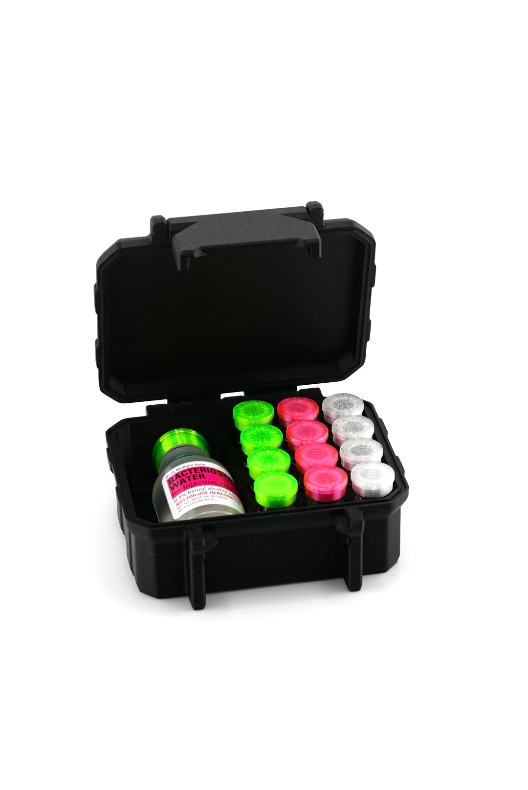 Rugged 12-slot 3 mL vial case with BAC slot for protecting peptide and GLP-1 vials