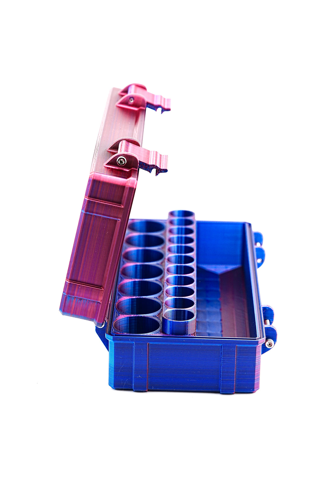 Angled view of open mixed vial case showing compartment depth and layout