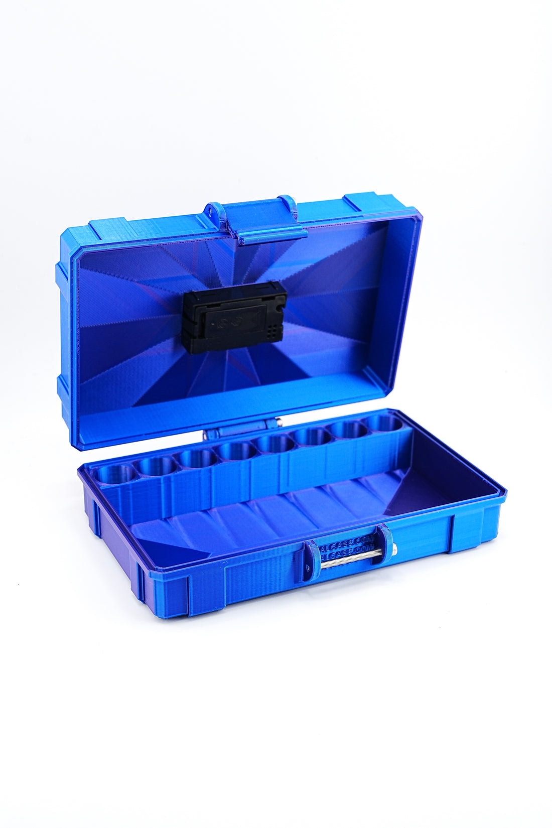 Blue tool case with open lid on a white background
