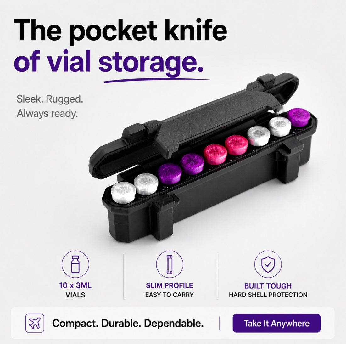 Rugged 10-Slot 3 ml Vial Case shown closed from the front — exterior product view