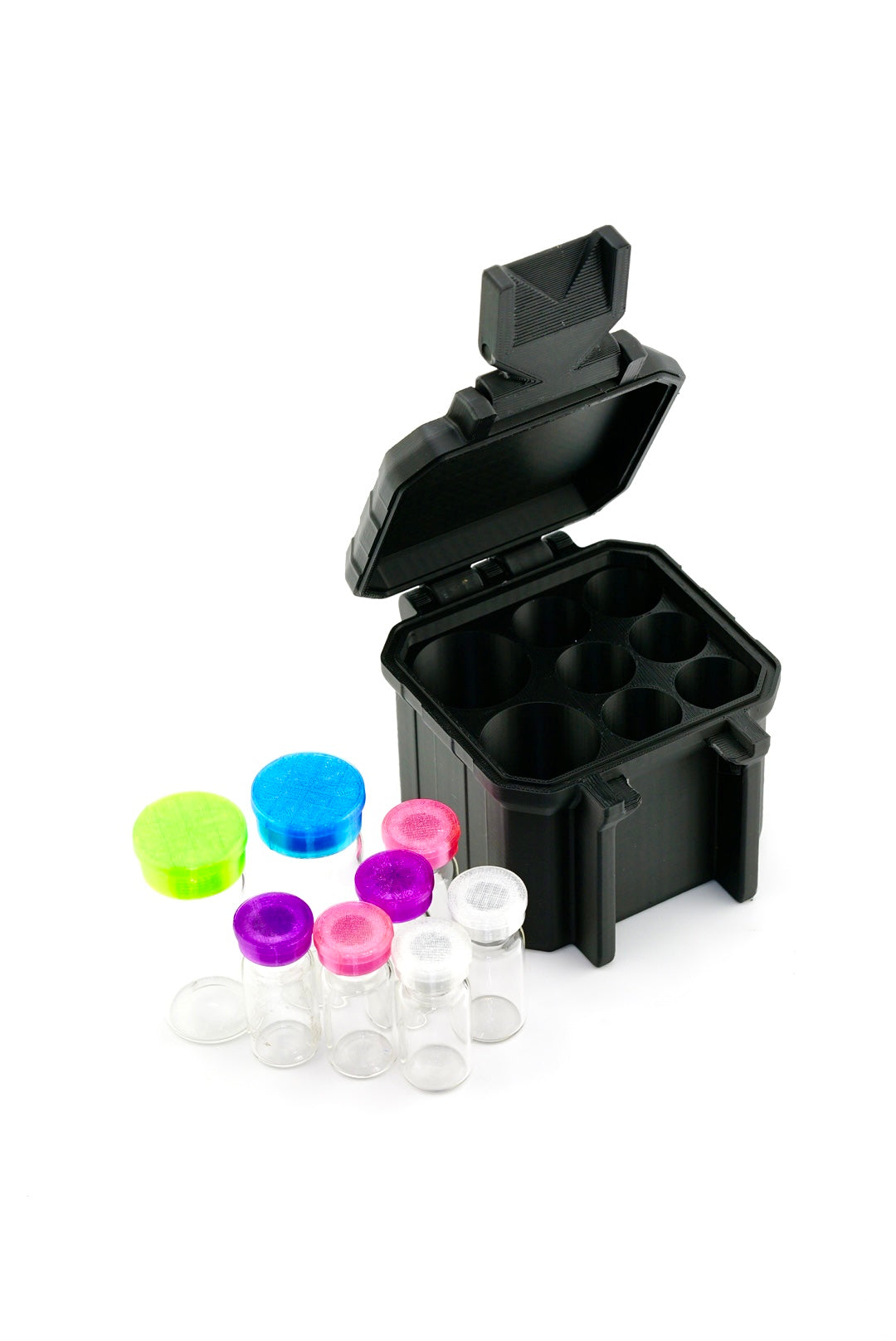 6-slot 3 ml vial organizer, side view of case depth and hinges