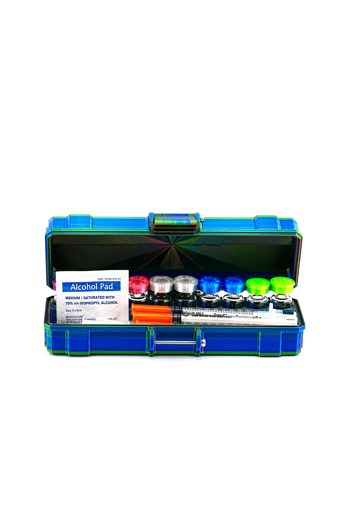 Blue vial case with various items including alcohol pads and syringes on a white background