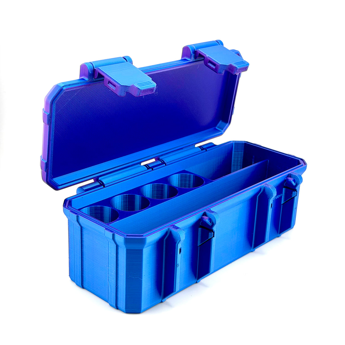 Open metallic blue 3D-printed hard-shell case with four vial slots and a side compartment, shown from an elevated angle.