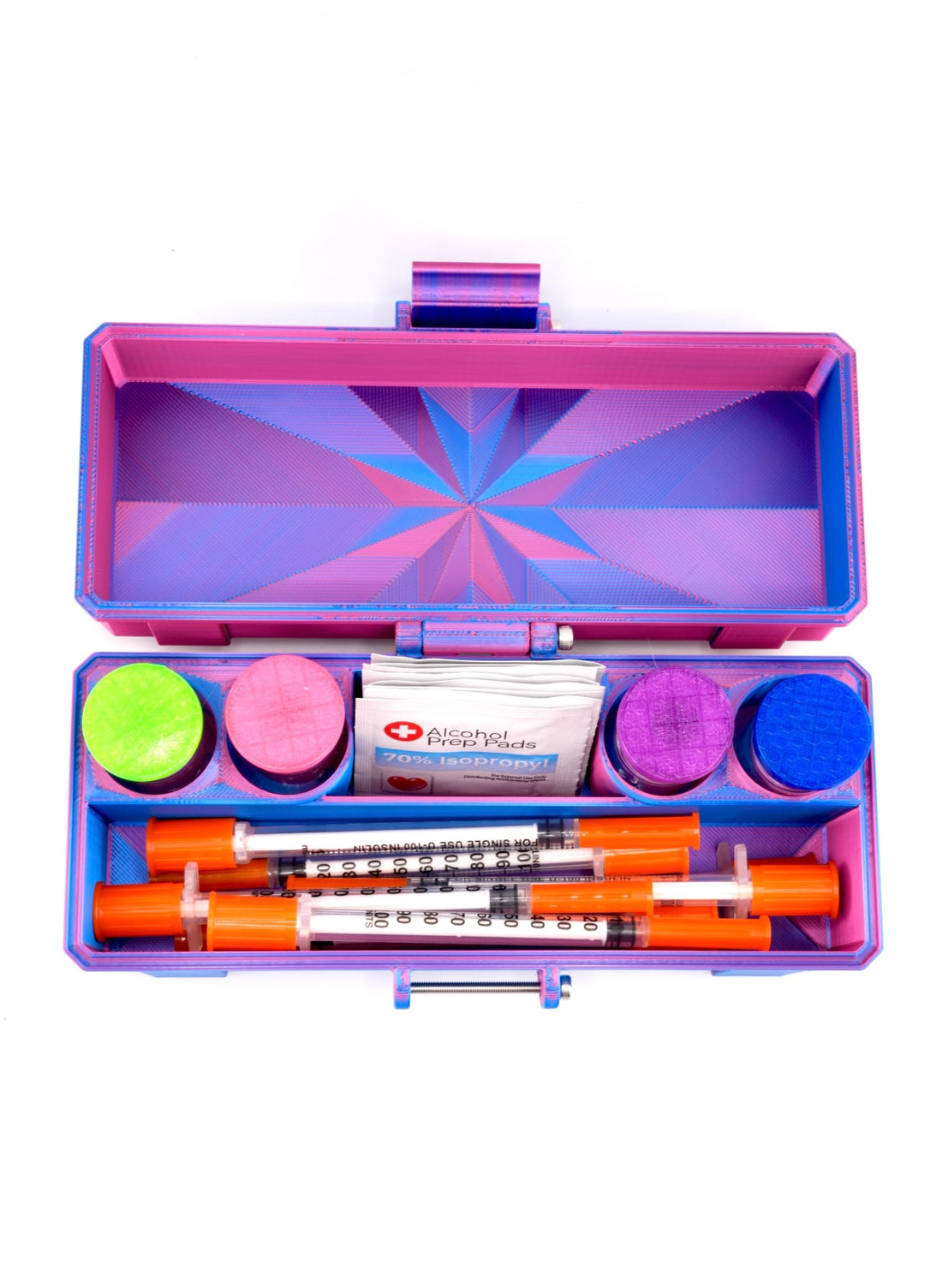 4-Slot 3 ml or 10 ml Vial Case with Extra Storage for Syringes, Alcohol pads, β interior layout detail