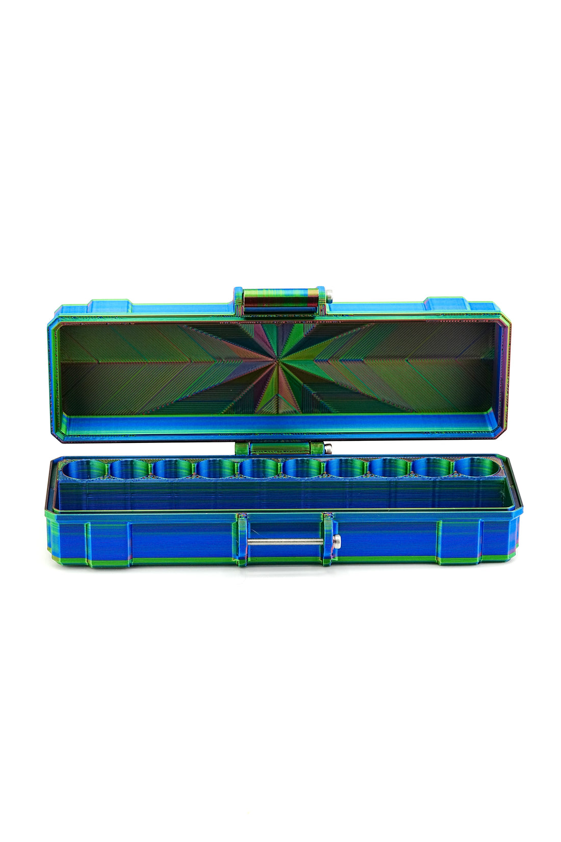 Blue and green vial box with open lid on a white background