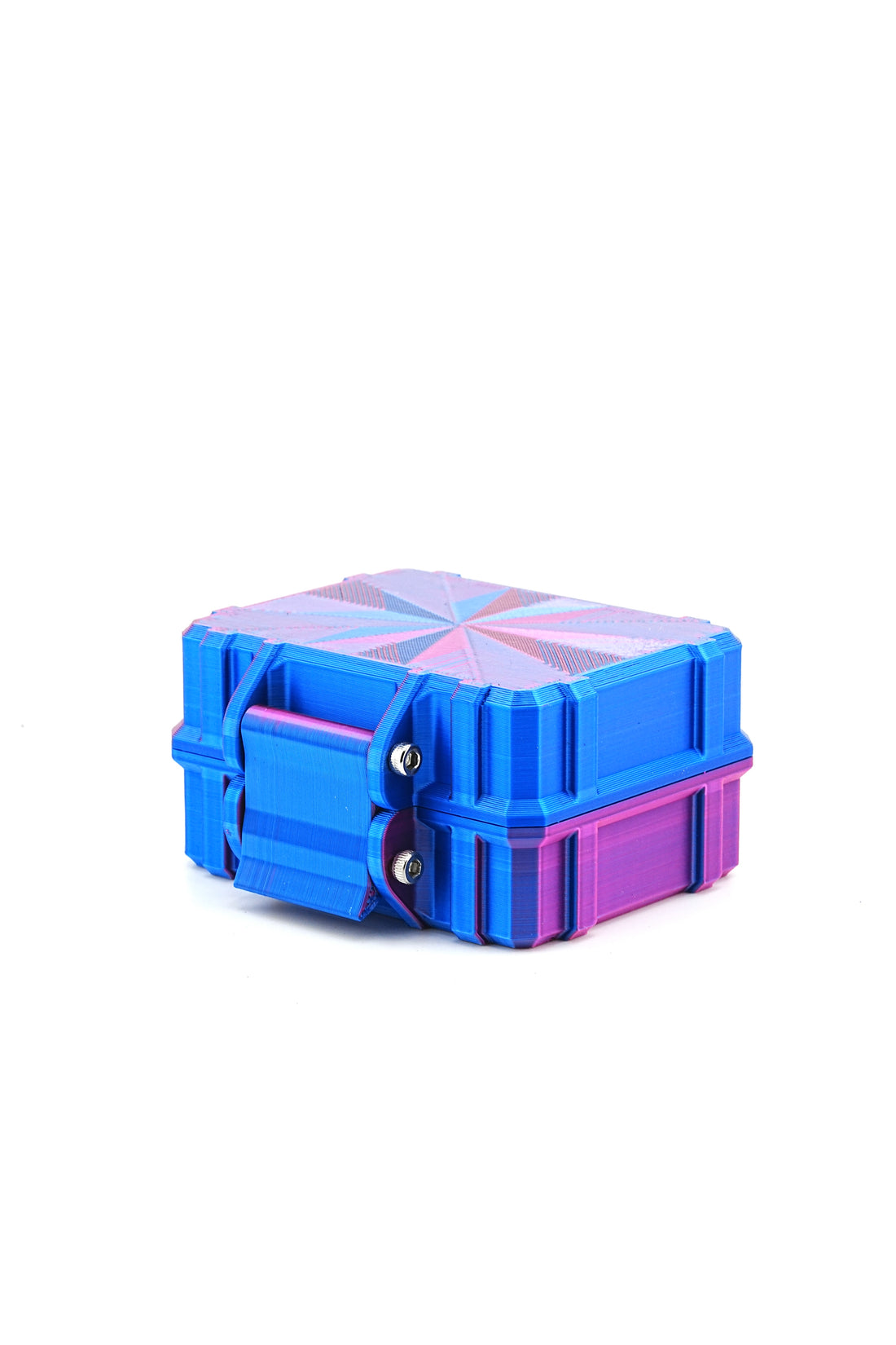 Blue and pink rectangular vial container on a white background
