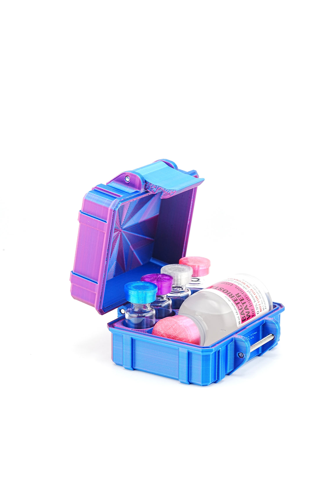 Colorful vial case set with various vials on a white background