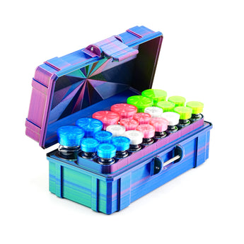 Colorful case with compartments containing small bottles on a white background