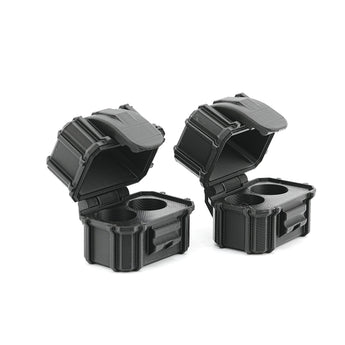 Two black open vial cases on a white background