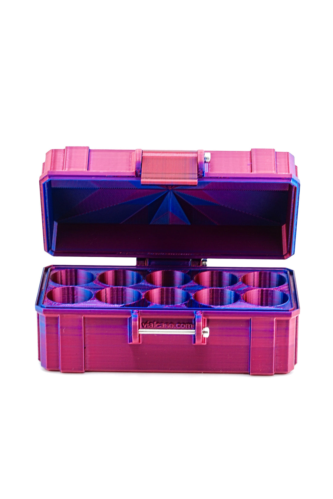 10-slot 10 ml vial case, opened to reveal interior storage slots