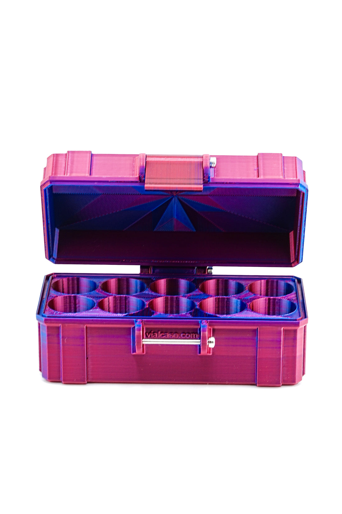 Open travel hard case displaying organized interior slots for vials.