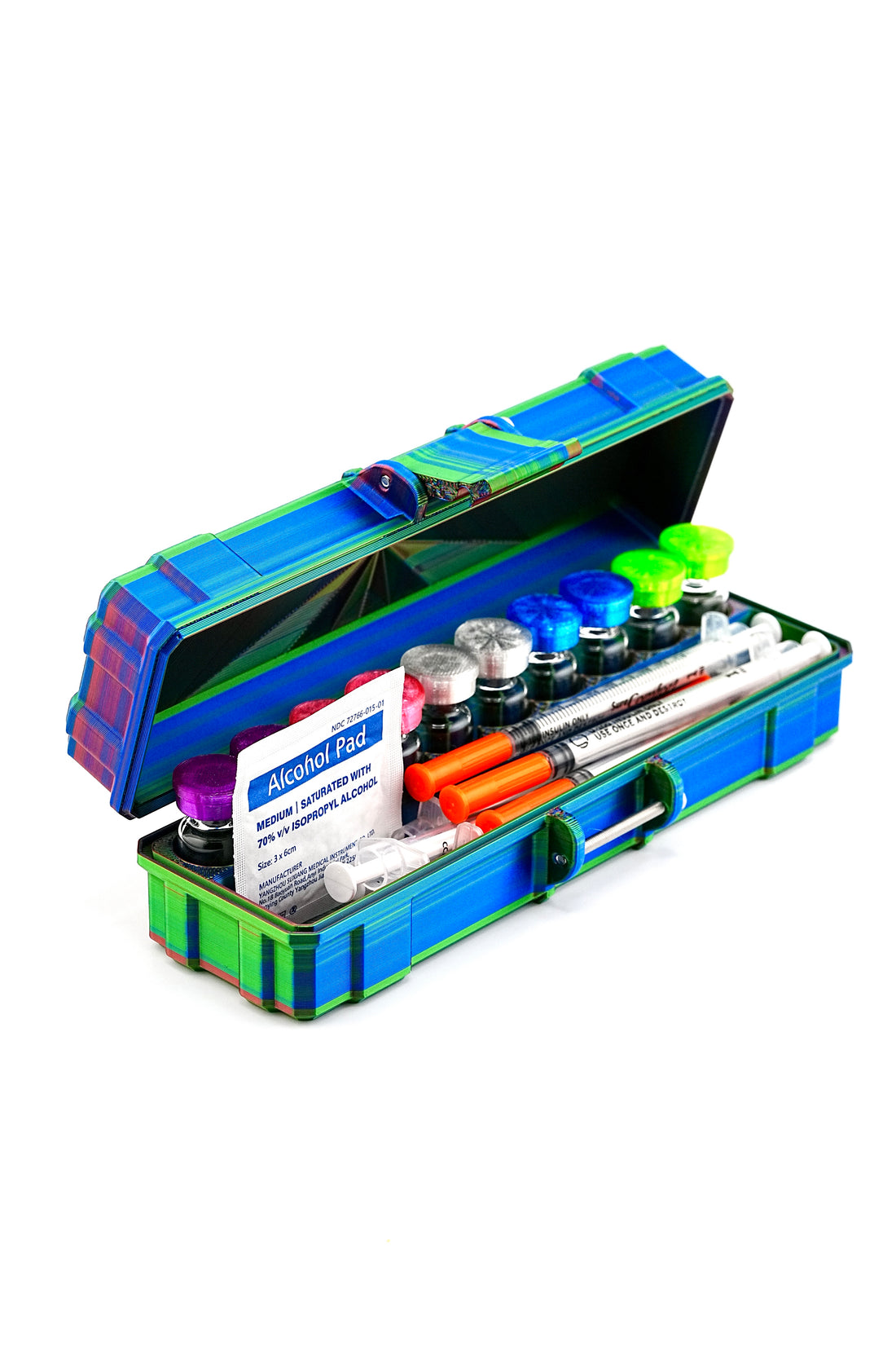 Open blue and vial case with various vials and syringes on a white background
