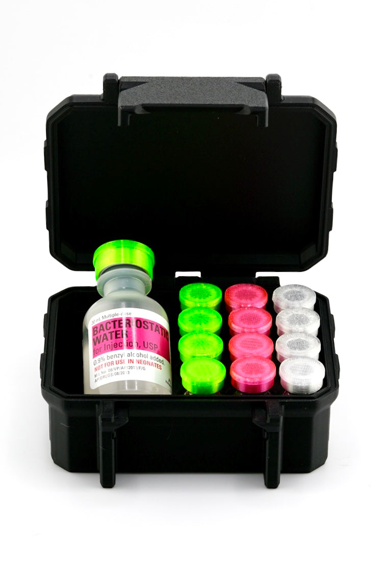 Rugged 12-slot 3 mL vial case with dedicated BAC slot — hard-shell hinge-free organizer for GLP-1 and peptide vials