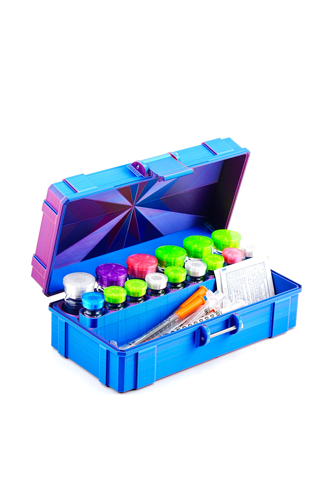 Open blue and pink vial storage case holding labeled vials and accessories